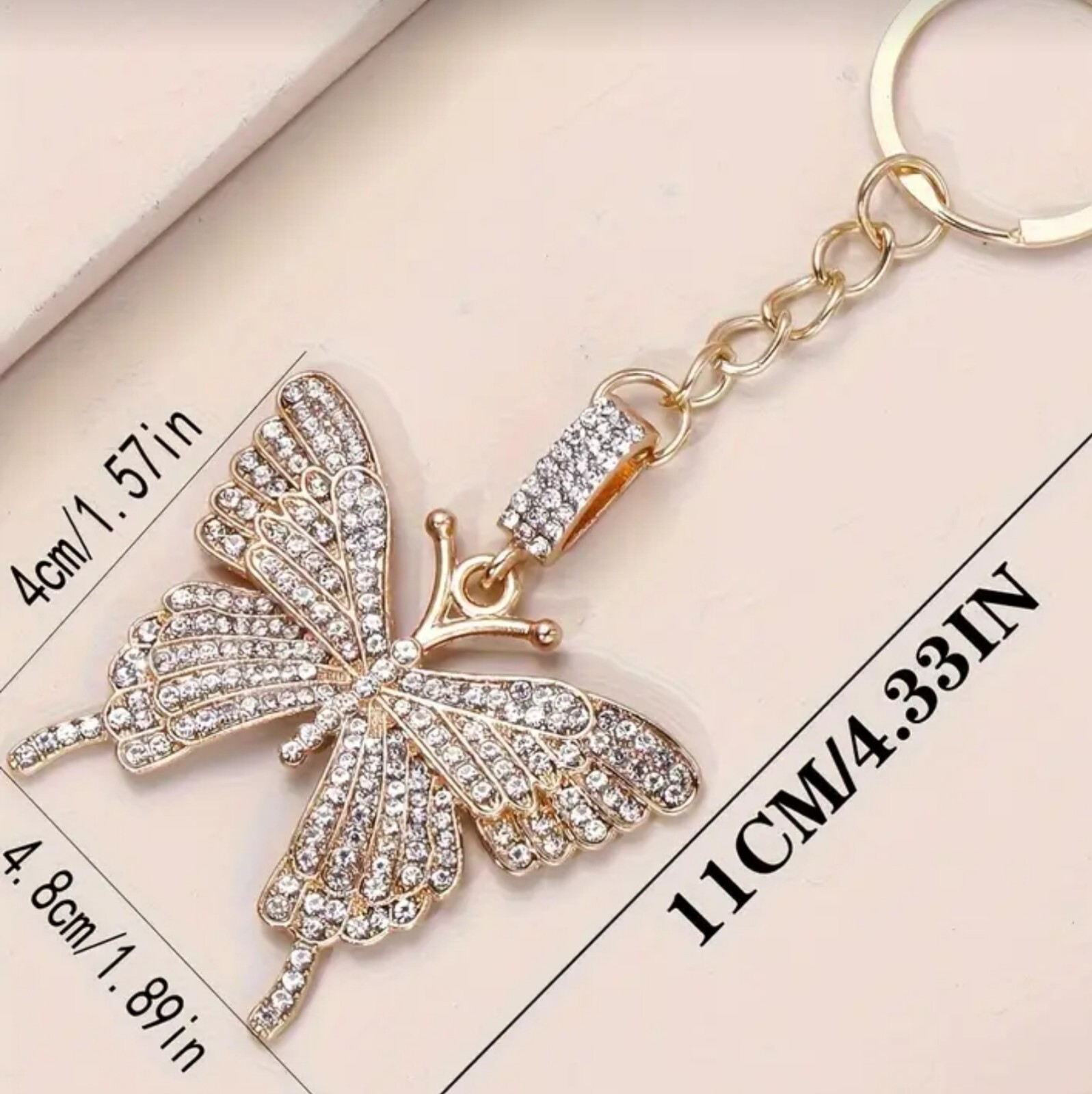 2Pcs Rhinestone Gold Butterfly Keychain