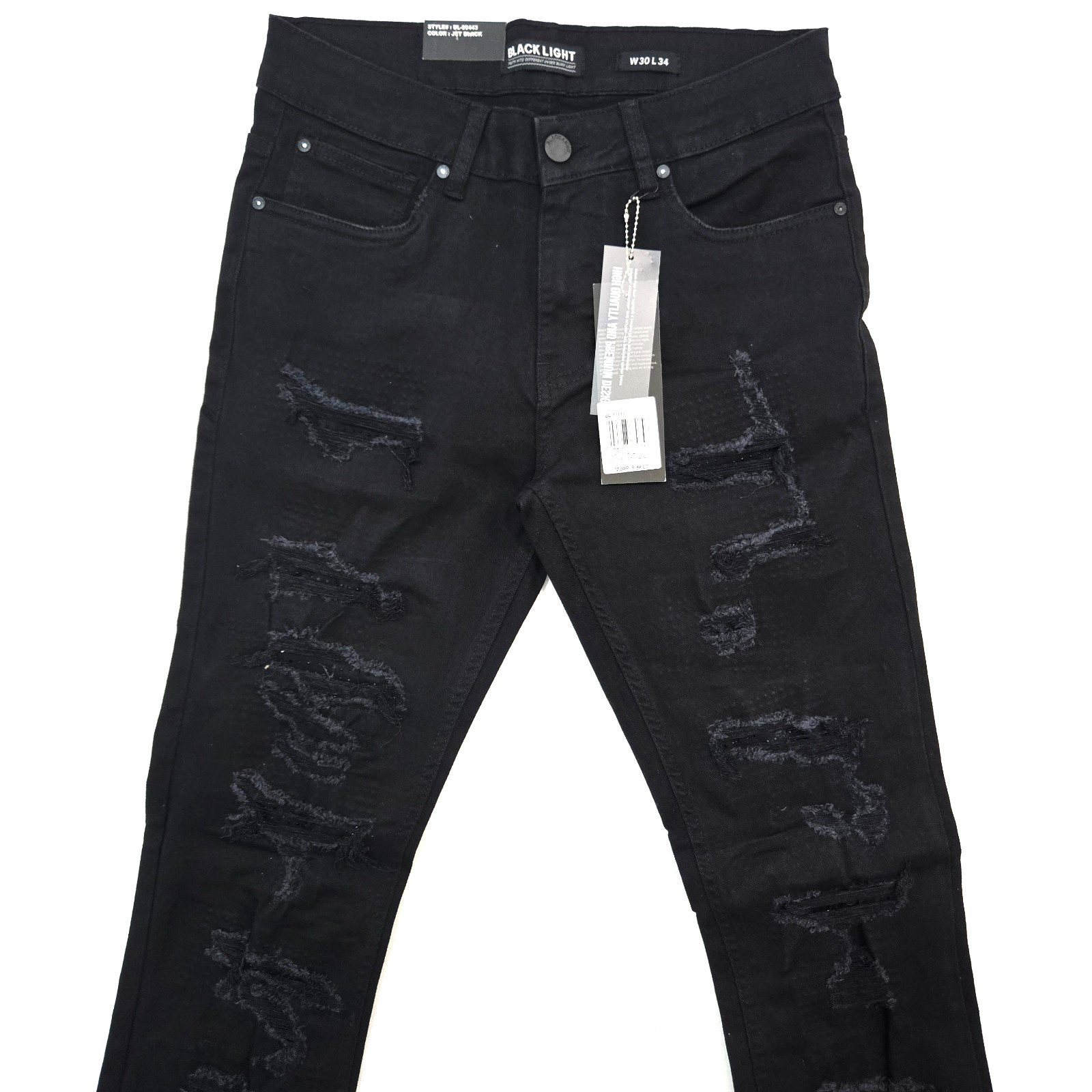 Black Light Men Jean Stretch Slim Straight Flare Fit Jet Black Denim Rhinestone