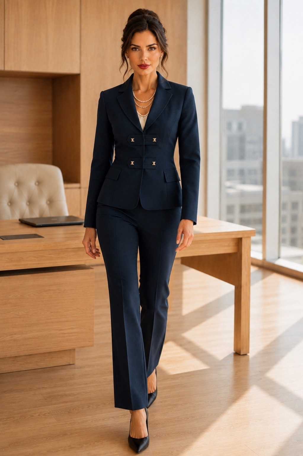 NEW Tahari ASL Pant Suit Size 6P Two Piece Set Military Style Navy Power Suit