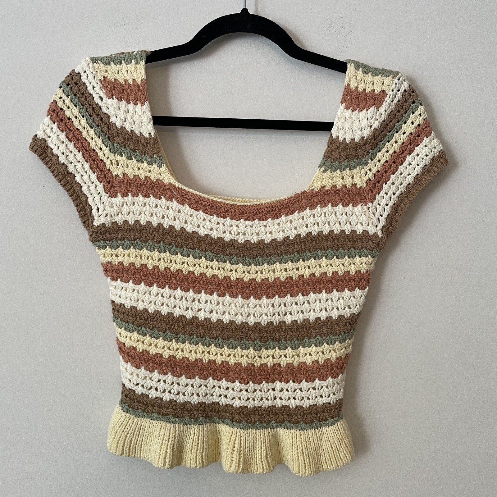 100% Cotton Crochet Open Knit Striped Crop Top Sz S Ruffles Granny Boho Cottage