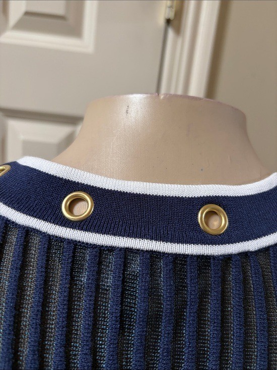 Ming Wang Navy Ribbed Cardigan with White Trim and Gold hardware, small