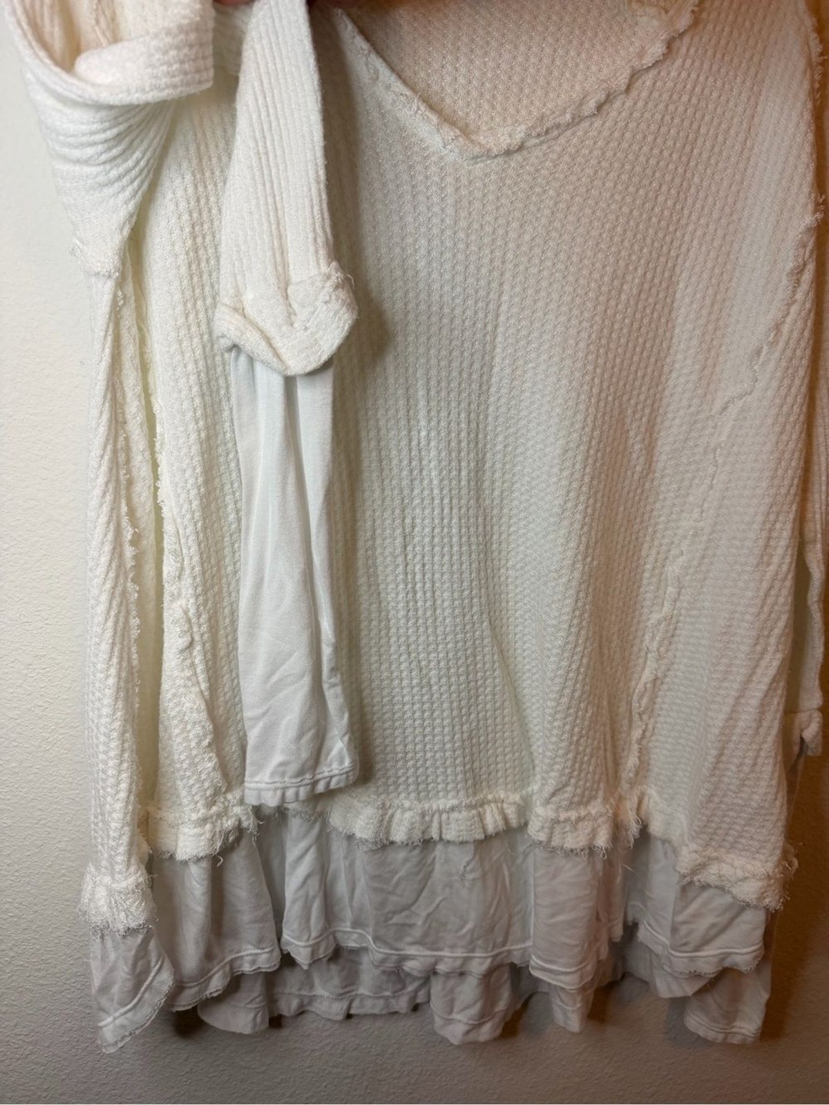 We The Free Waffle Knit V-Neck Ruffle Hem Long Sleeve Top White XS Boho
