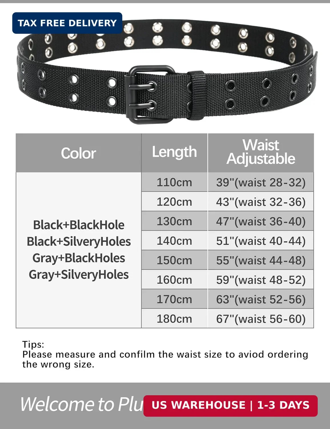 Double Prong Buckle Nylon Punk Belt Men Women, Sizes 28-64 Inches