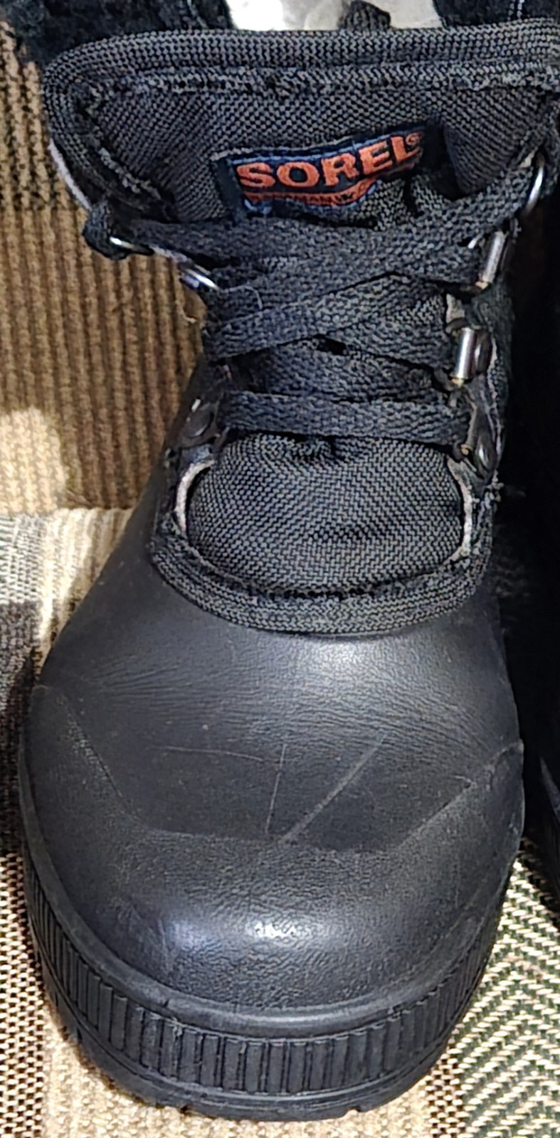 Vintage SOREL Kaufman Black Nylon & Rubber Winter Boots Faux Fur Trim Canada 6