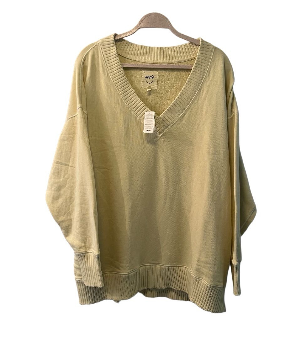 Aerie Yellow Solid Cotton Knit V-Neck Oversized Ribbed Pullover Sweater M