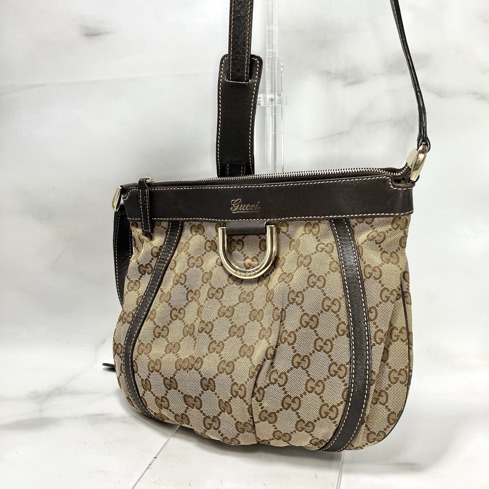 GUCCI Shoulder Bag Brown Canvas Leather Abbey Authentic