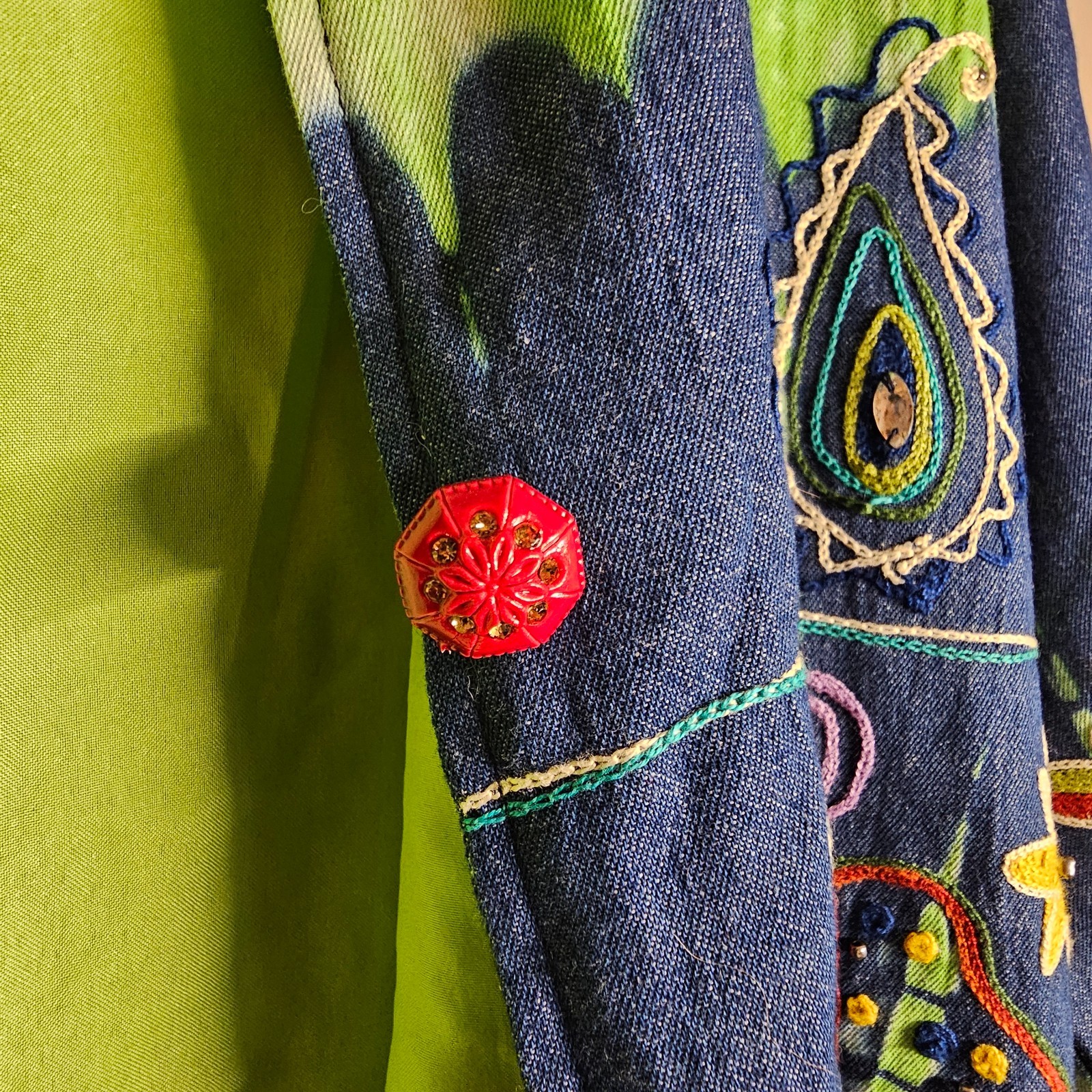 Indigo Moon Large Jacket Green Tie Dye Blue Denim Embroidered Beaded Boho Artsy