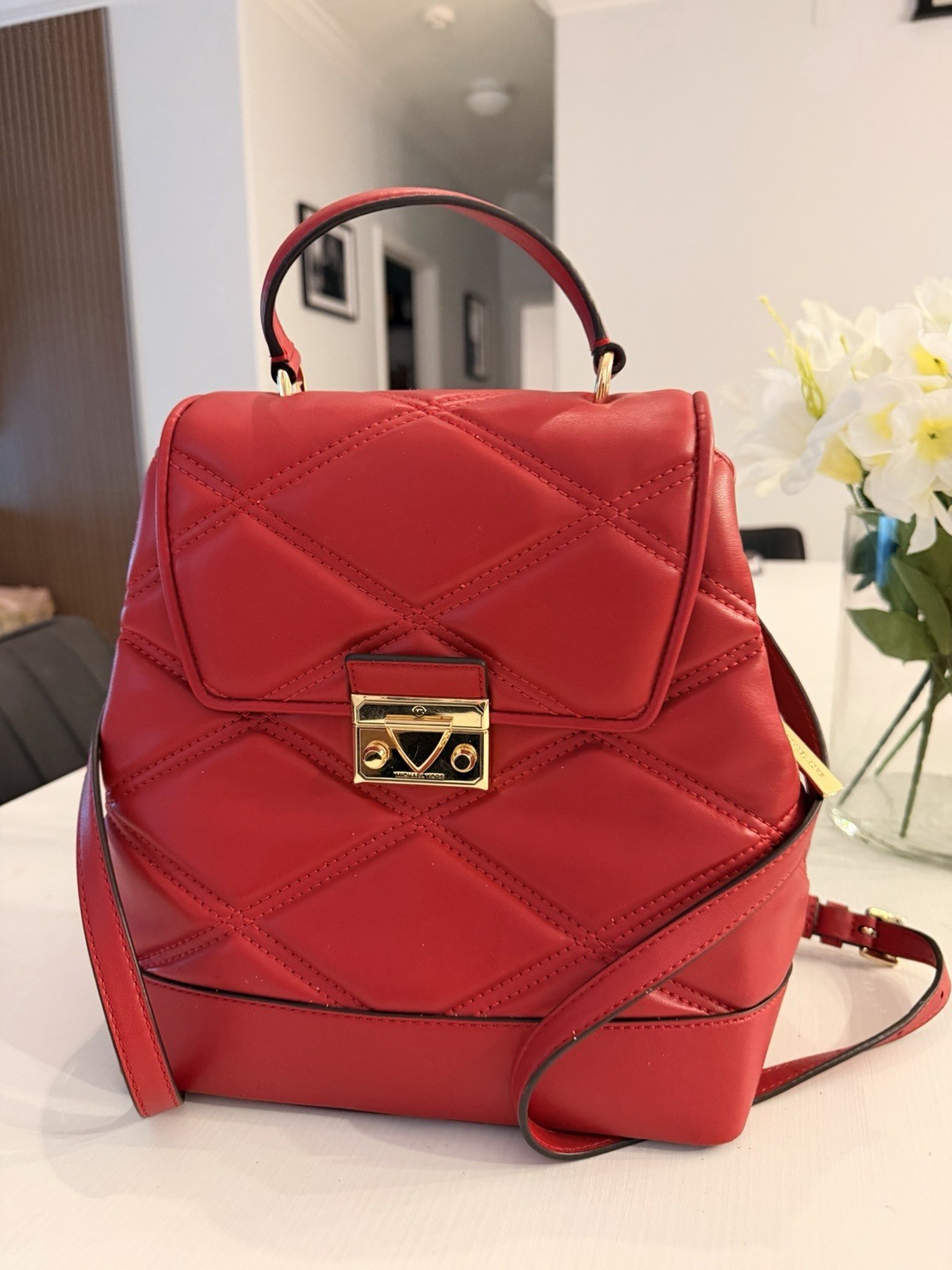 Michael Kors Red Quilted Backpack Top Handle Gold Hardware Adjustable Strap