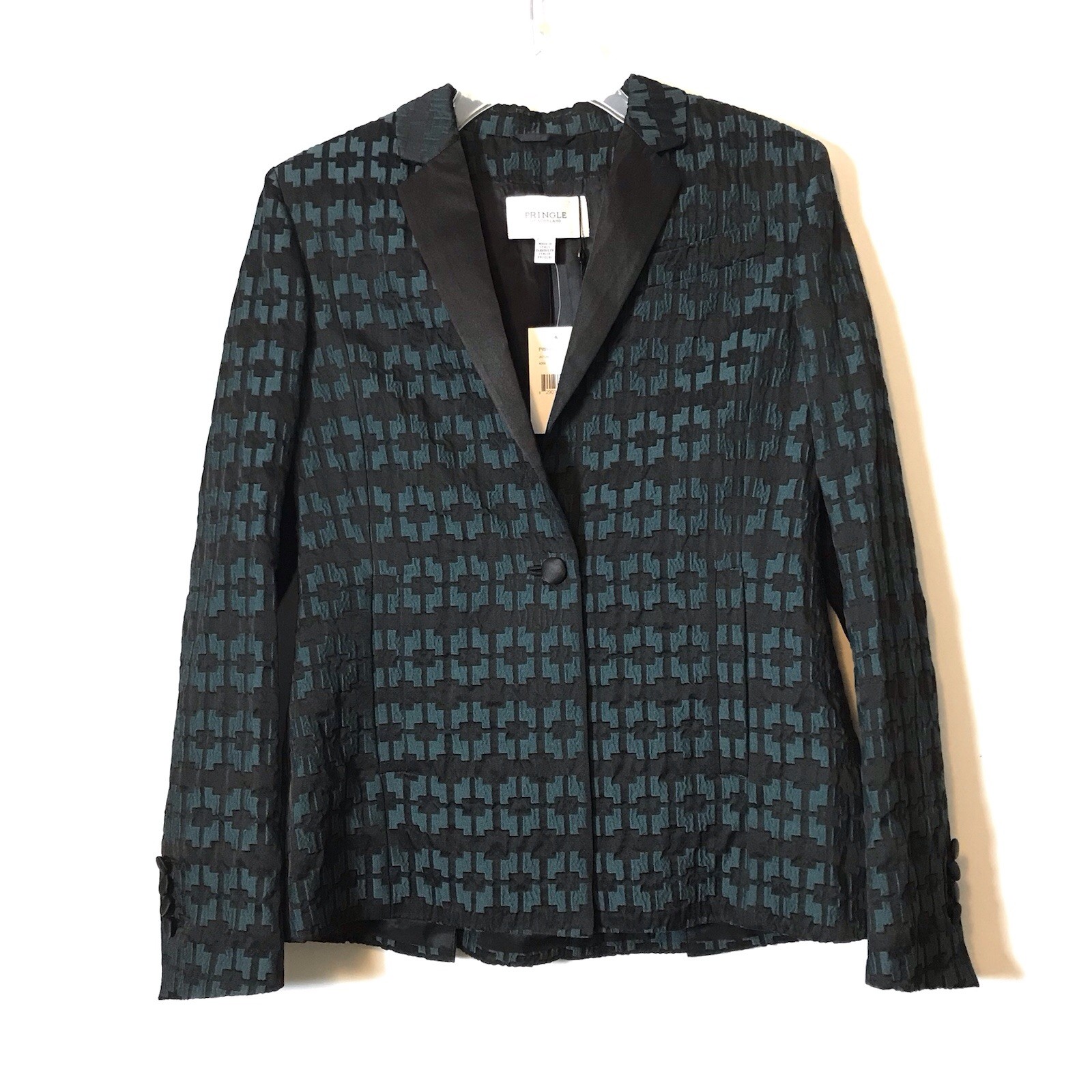 NWT Pringle of Scotland Silk Wool 3D Raised Geometric Jade Green Tuxedo Blazer 4