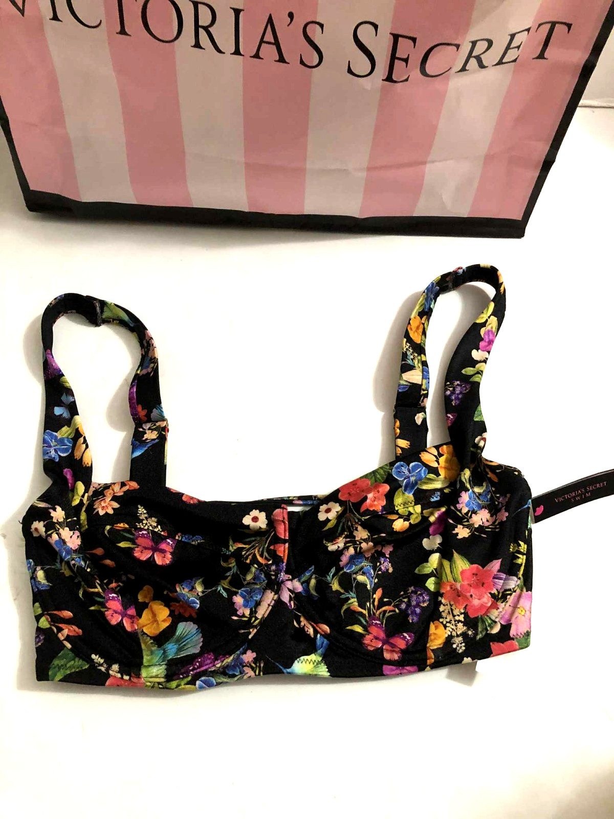 Victoria’s Secret Swim Wicked Bikini Top Black Floral Colorful Butterfly NWT