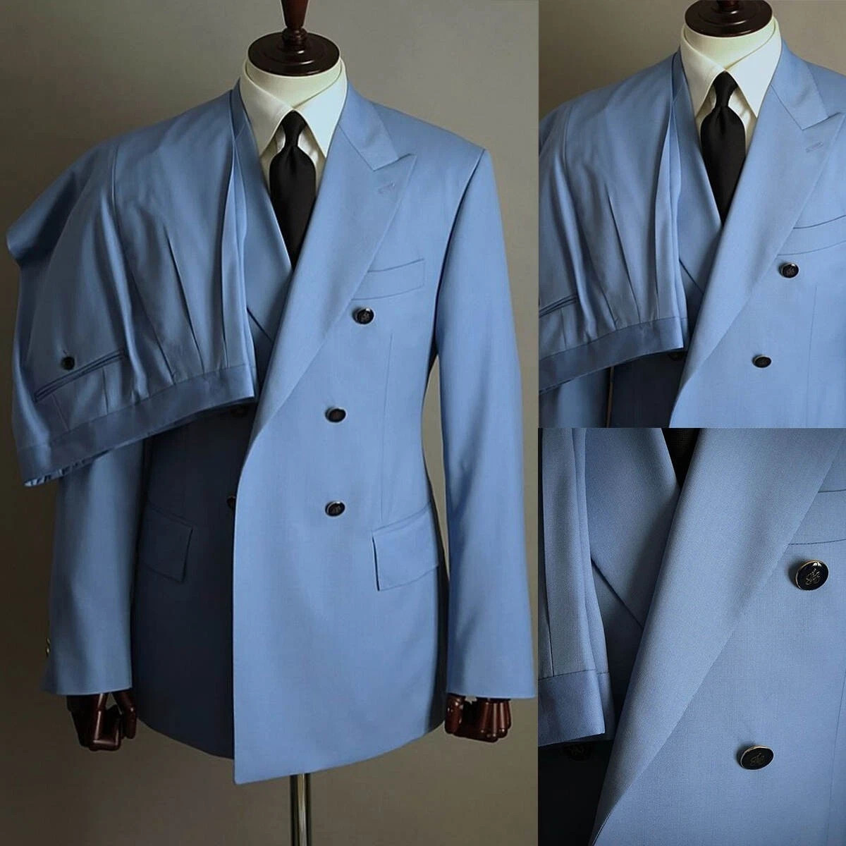 Blue Men’s Suits Peak Lapel Double Breasted Business Casual for Groom Wedding