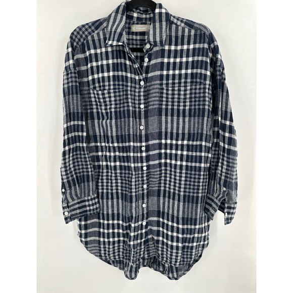 Everlane Navy White Plaid Button Down XS