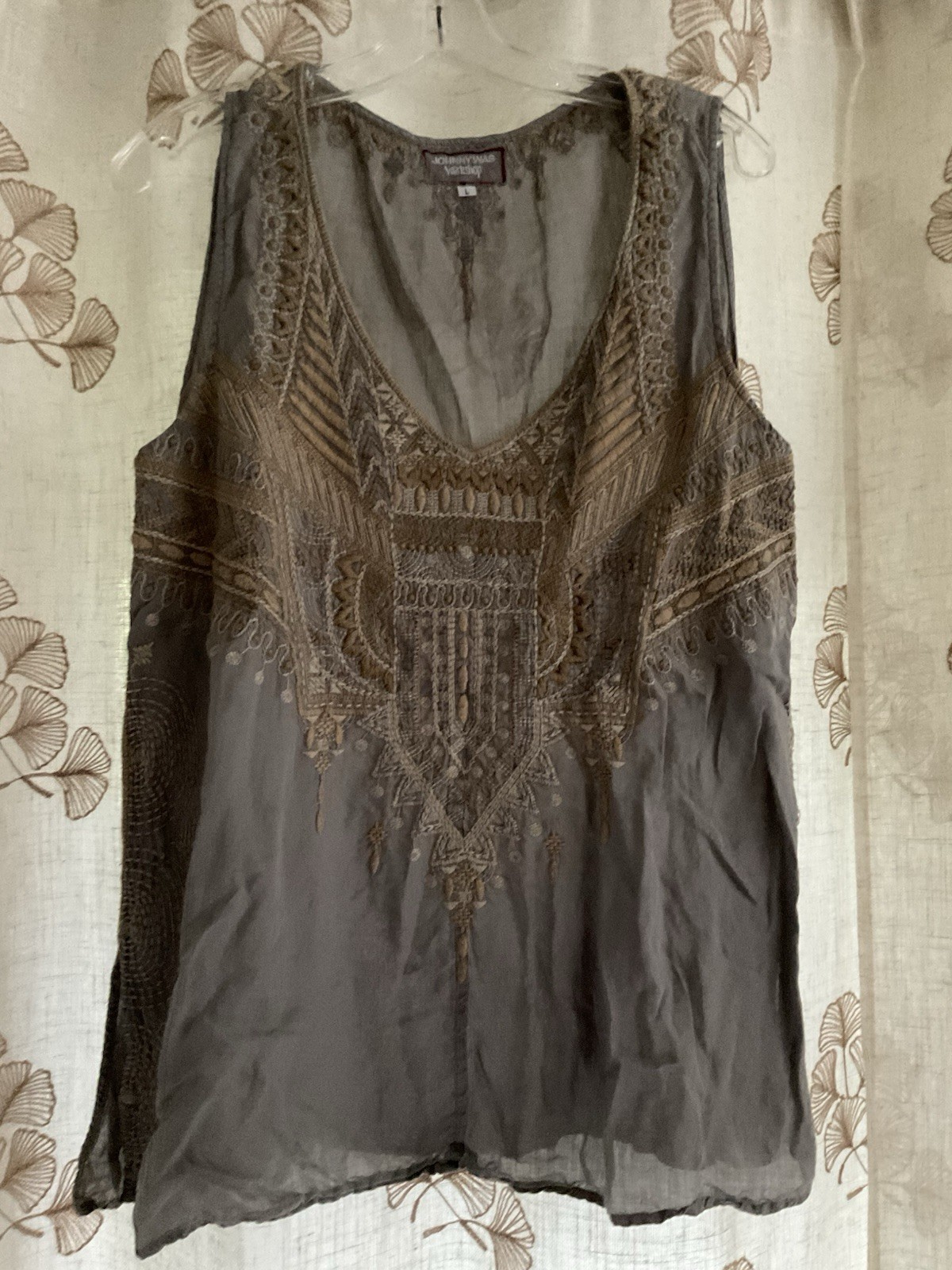JOHNNY WAS Workshop Sz L Embroidered Tank Top Shirt Blouse Tunic Ramie