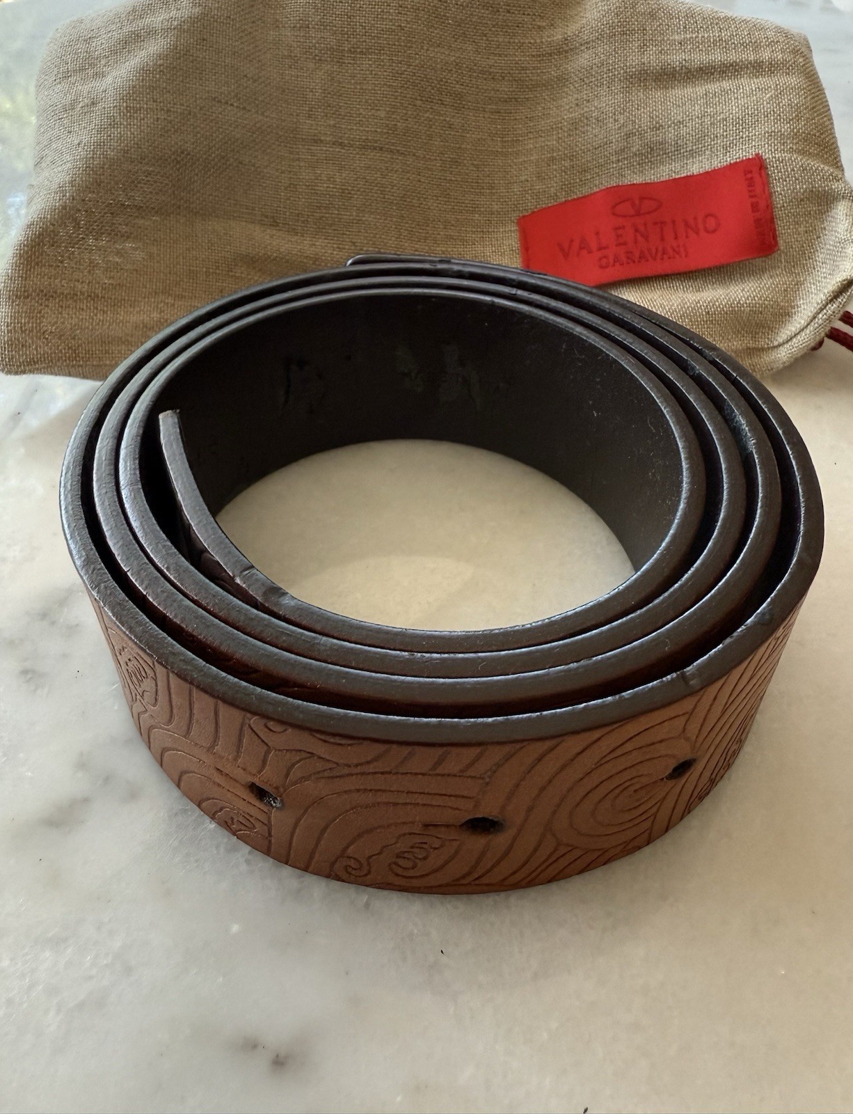 Vintage VALENTINO GARAVANI Brown Leather Belt Dust Bag – ITALY – Belt Only-38″++