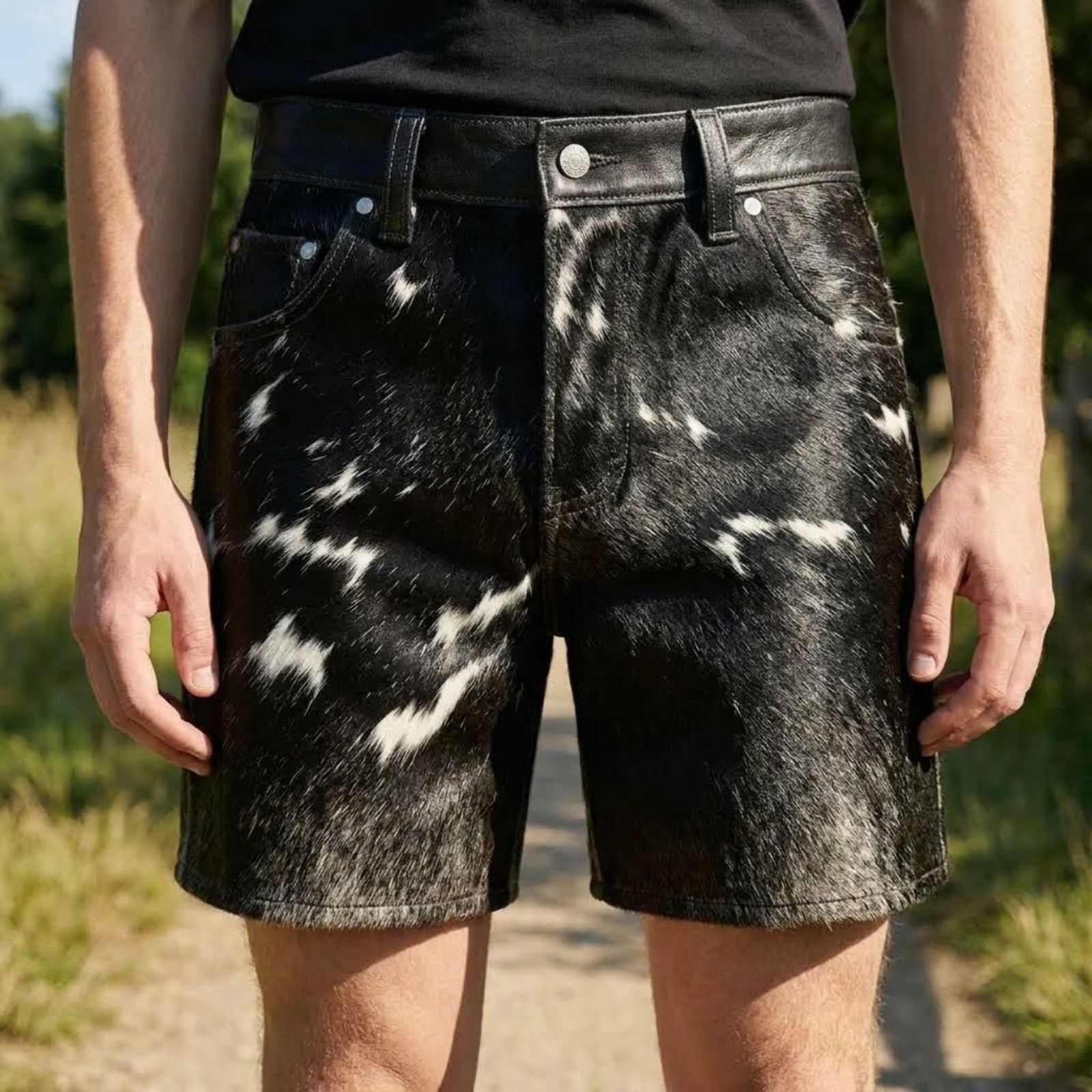 Men’s Natural Cowhide Hair On Leather Shorts Black White Western Rodeo Pants