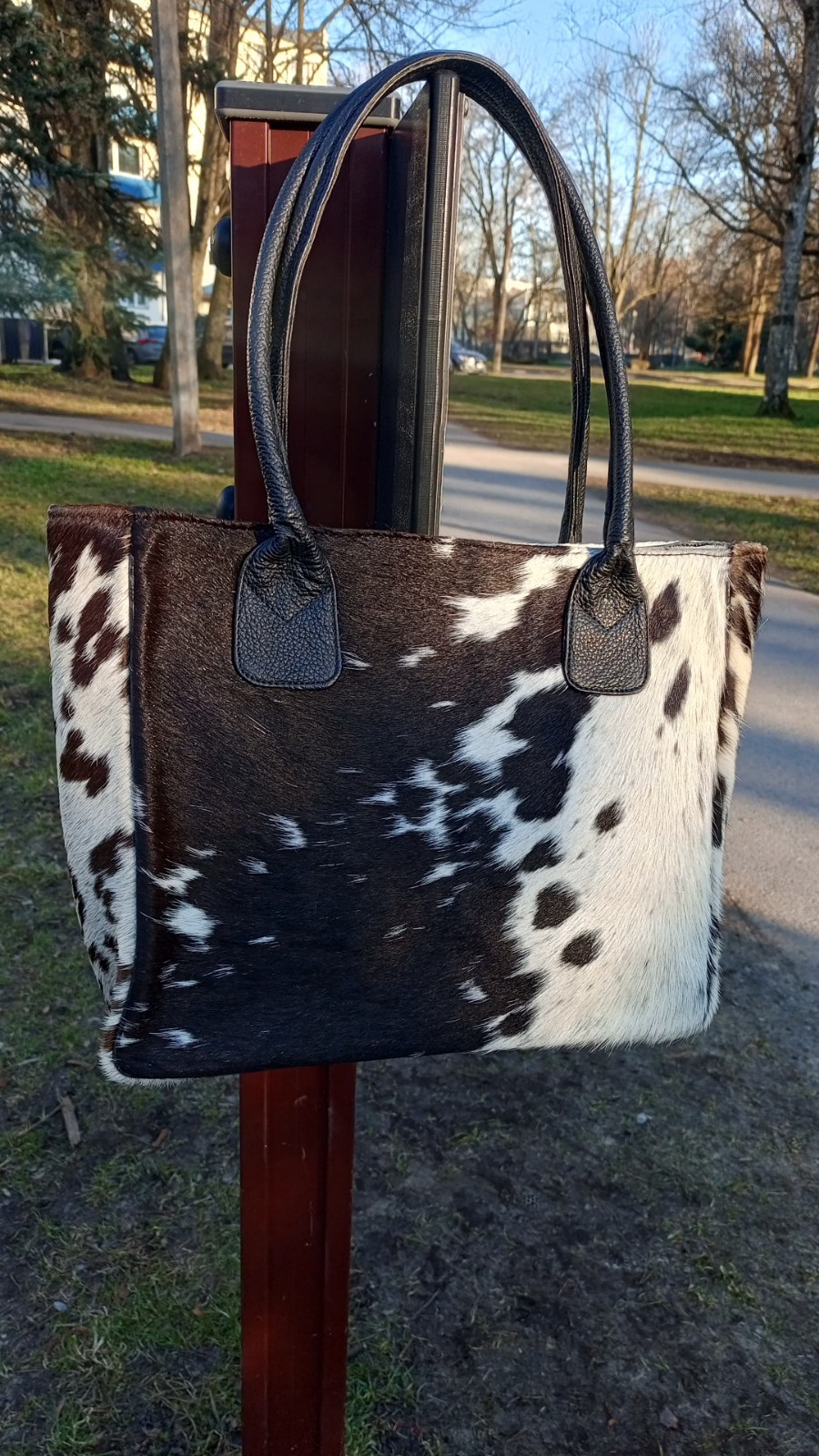 Genuine Black and White Cowhide Tote Bag | Real Fur Leather Handbag