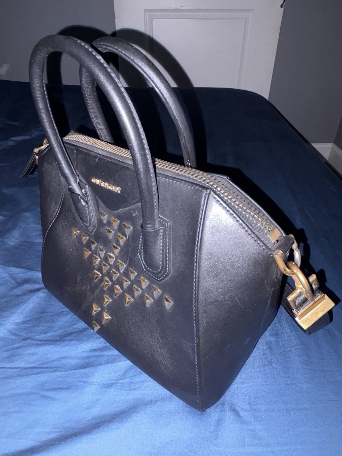 Givenchy Black Studded Medium Satchel Top Handle, Gold Hardware, Zip, Strap