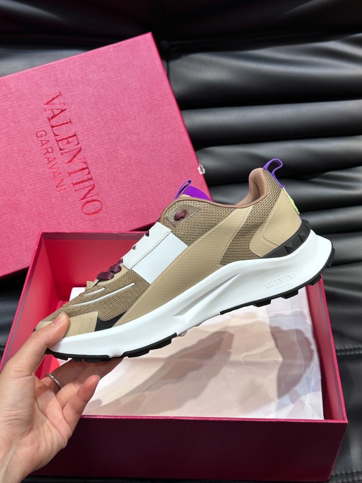 Valentino Garavani Sneakers Beige Brown Knit Runner Shoes EU 38-45 New With Box