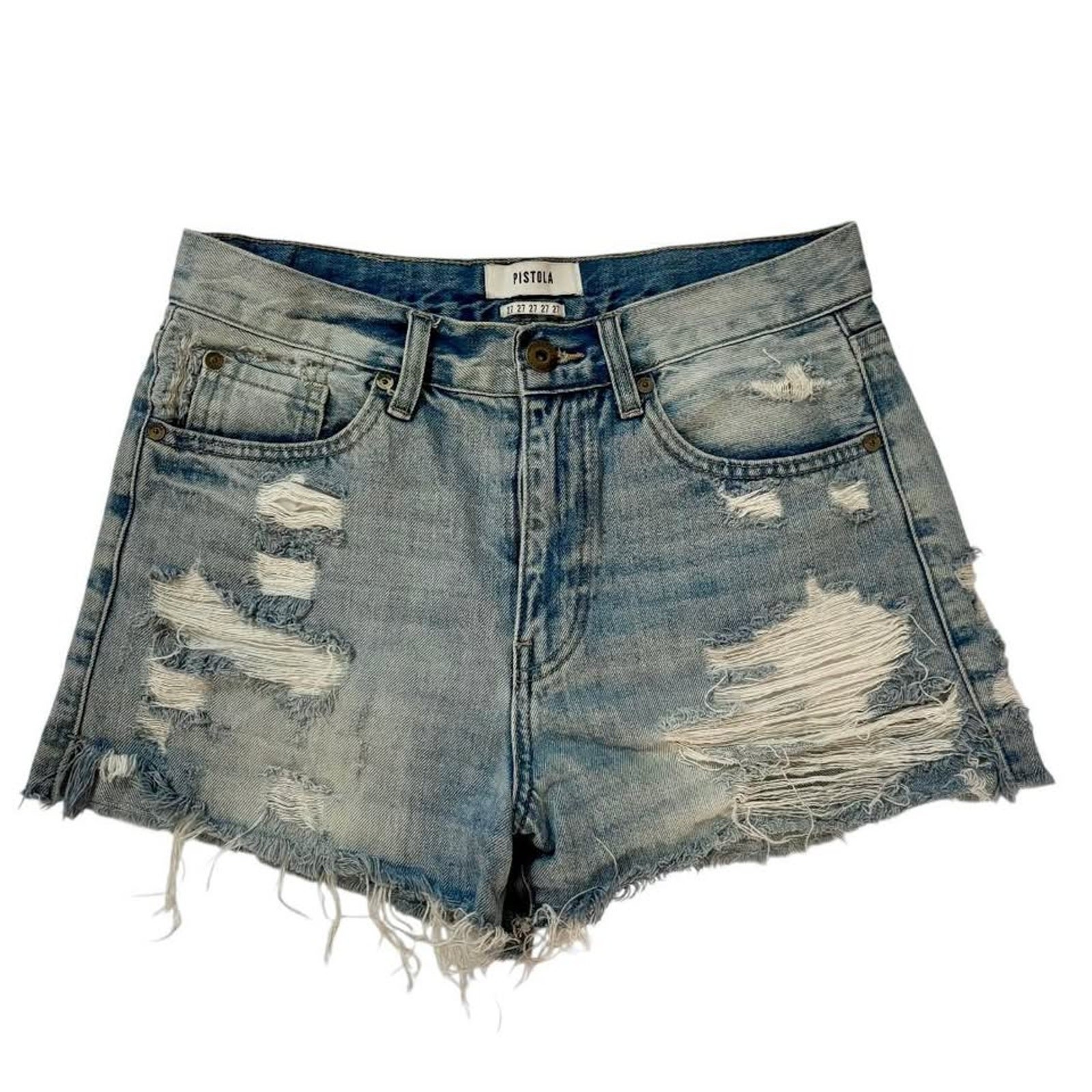 PISTOLA WOMEN’S DENIM SHORTS WITH HEAVY DISTRESSING AND A FRAYED HEM SIZE 27