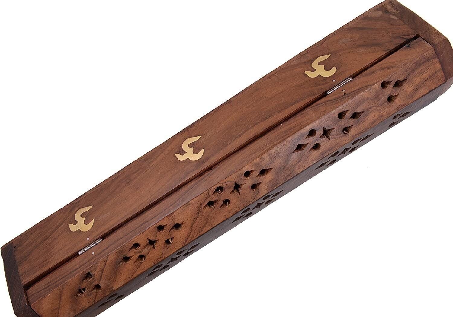 Cavelio ® Rose Wooden Coffin Incense Burner – Jali and Om 12″ – Brass Inlays…