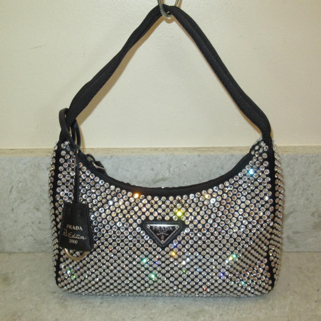 PRADA Re-Edition 2000 Satin Mini Bag with Crystal Black Rhinestones Shoulder