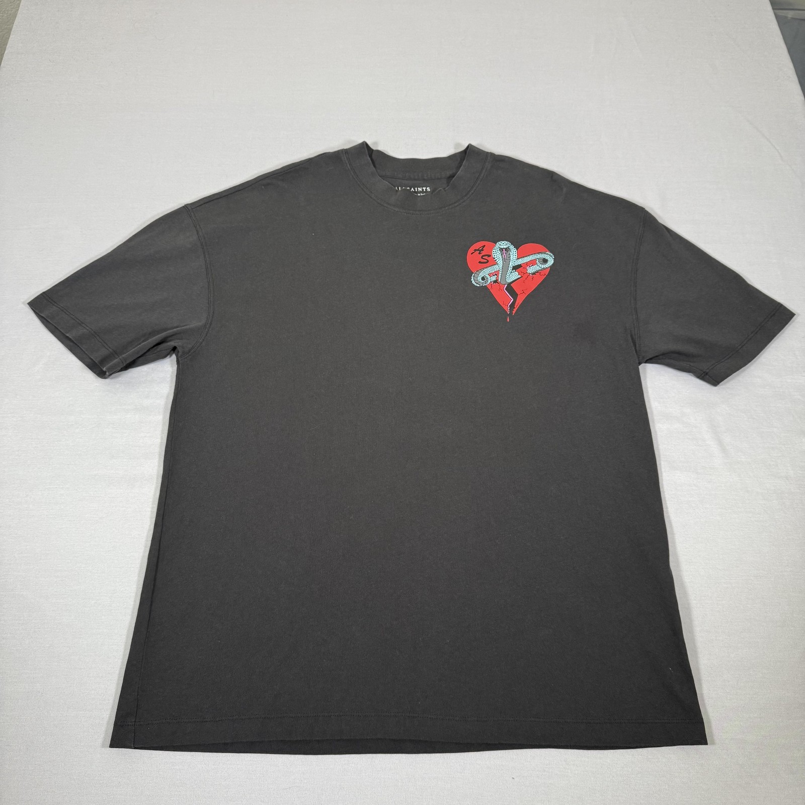 All Saints Shirt Mens Medium Black Oversized Snake Heart Tee Organic Cotton Gym