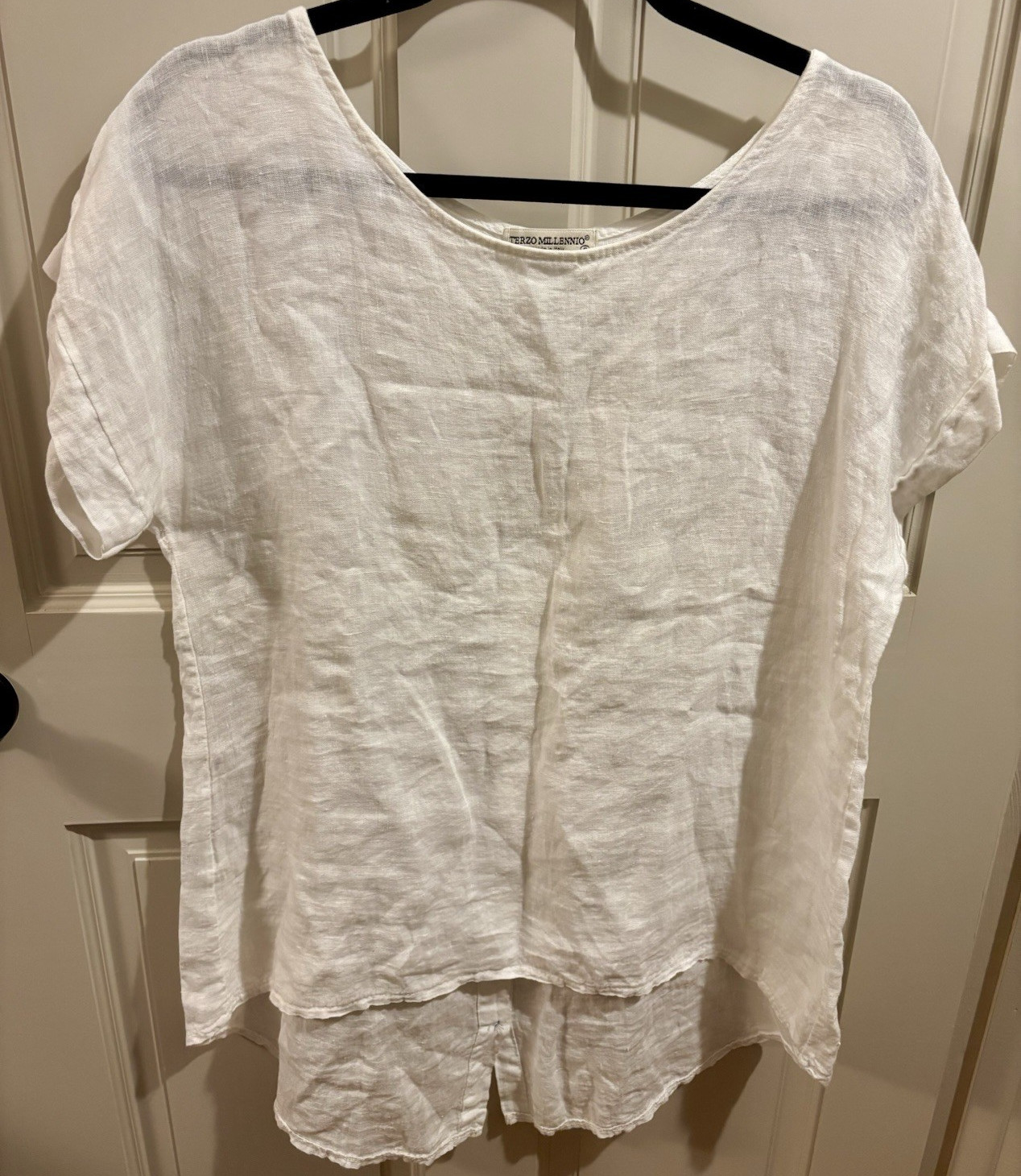 Terzo Millennio White Linen Short Sleeve Scoop Neck Button Blouse Size S