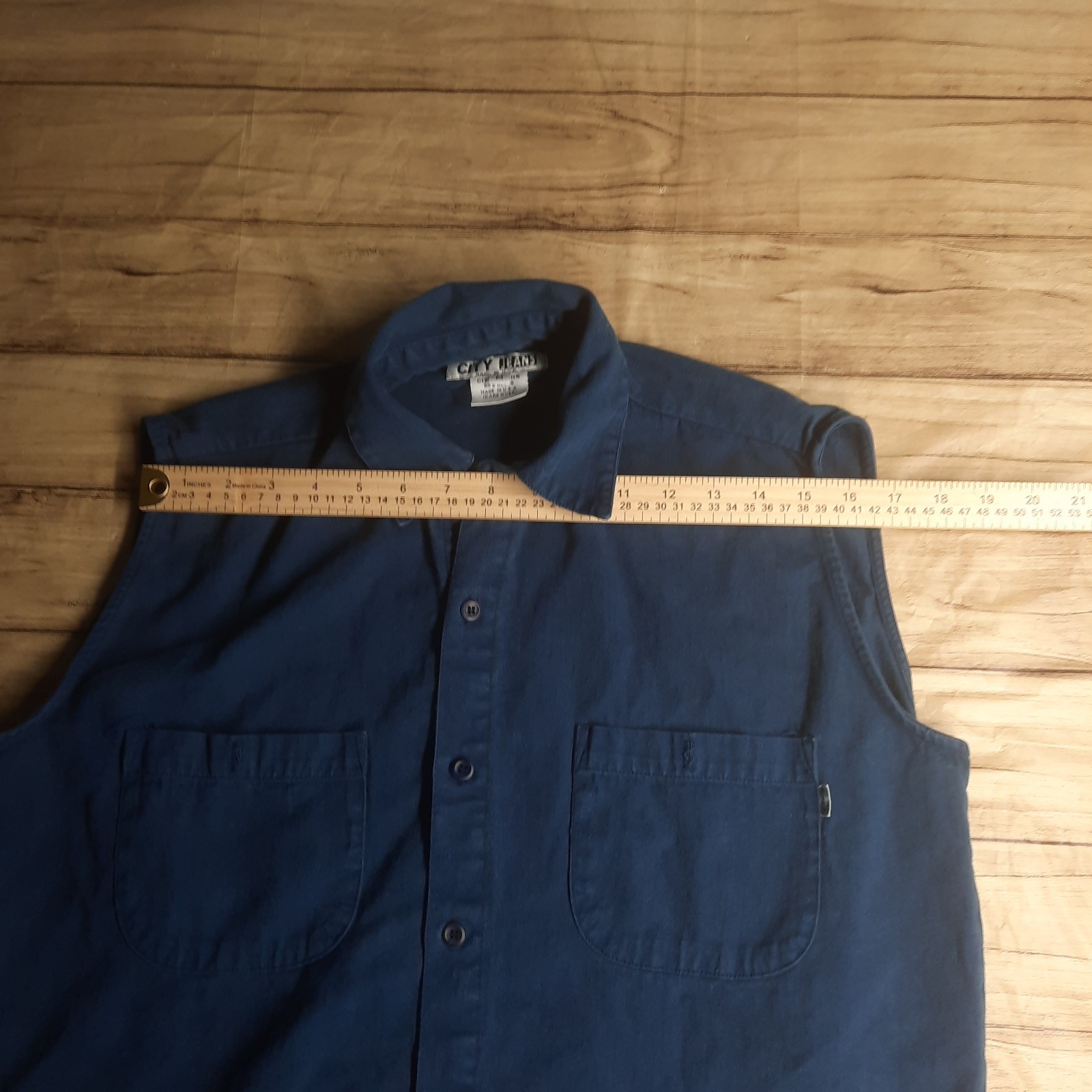 City Jeans Men’s Blue Biker Style Shirt Sleeveless USA Vtg Style Medium READ