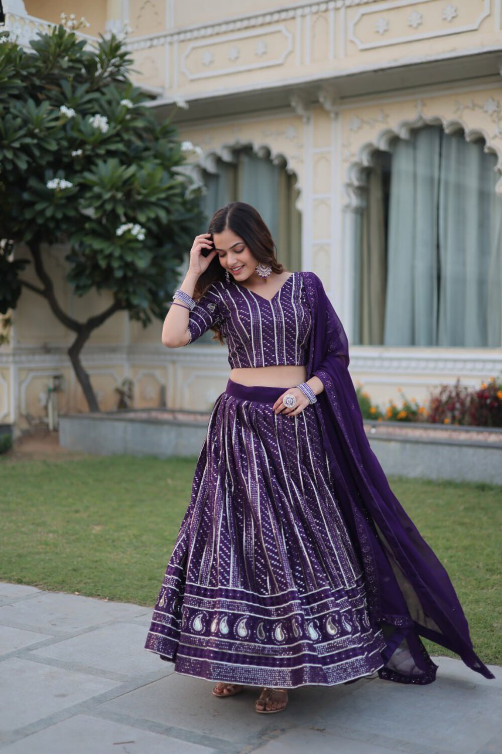 Purple Designer Dyeable Pure Viscose Jacquard fabric Lehenga Choli & Dupatta Set