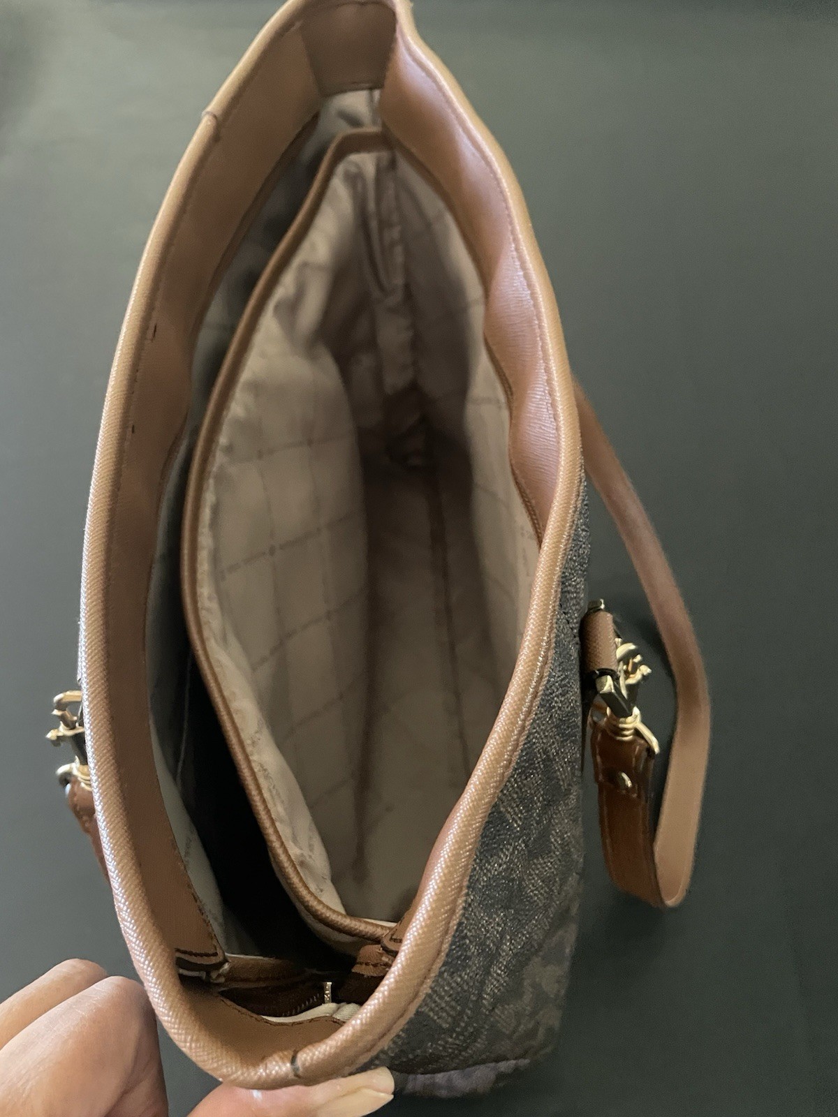 Michael Kors Monogram Logo Brown Zip Top Medium Tote Gold Hardware