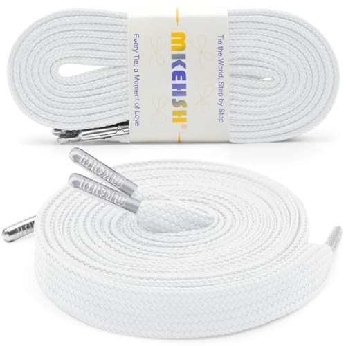 Flat Thick Shoe Laces: 18MM 55 Inch (140cm) 02 White With Silvery Metal Tips