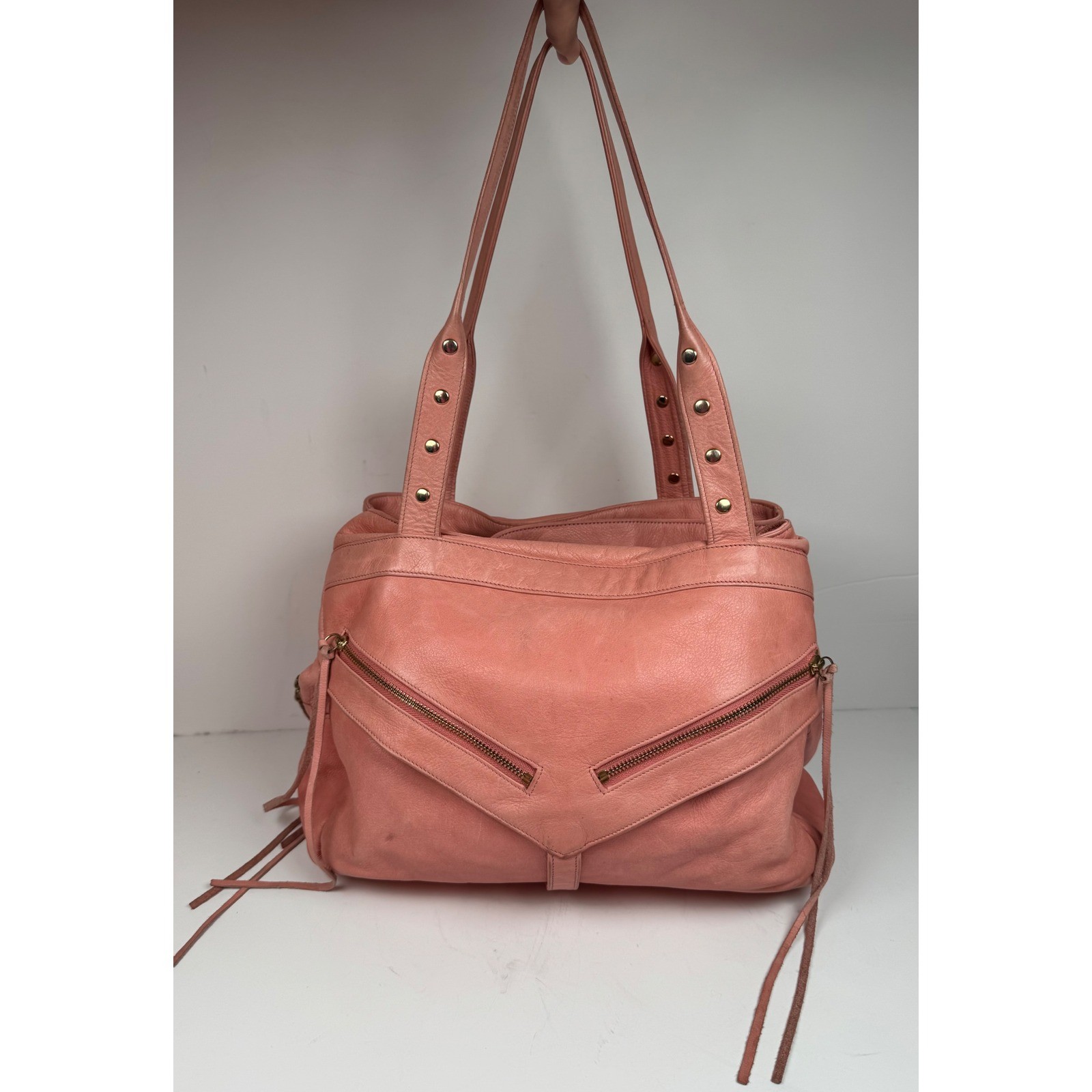 Botkier Trigger Purse Pink Leather Fringe Zipper Studded Moto Shoulder Bag Y2K