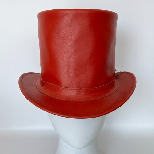Handmade Bright Red Leather Look Top Hat Curled Brim Steampunk Cosplay Costume