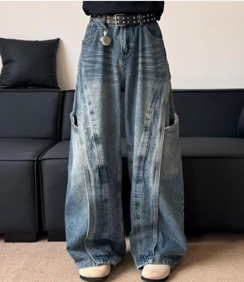Men’s Retro Blue Denim Loose Fit Jeans Pockets Punk Hip Hop Trousers Casual New