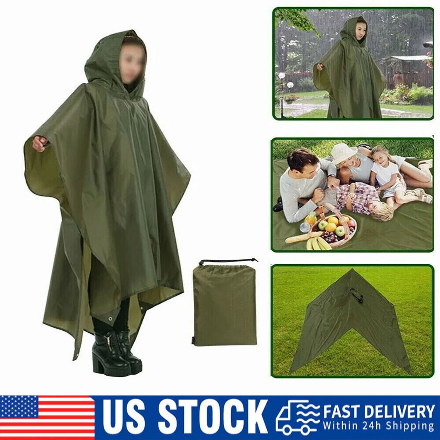 Ripstop Poncho Waterproof Hooded Rain Coat Army Military Camping Hiking Outdoor