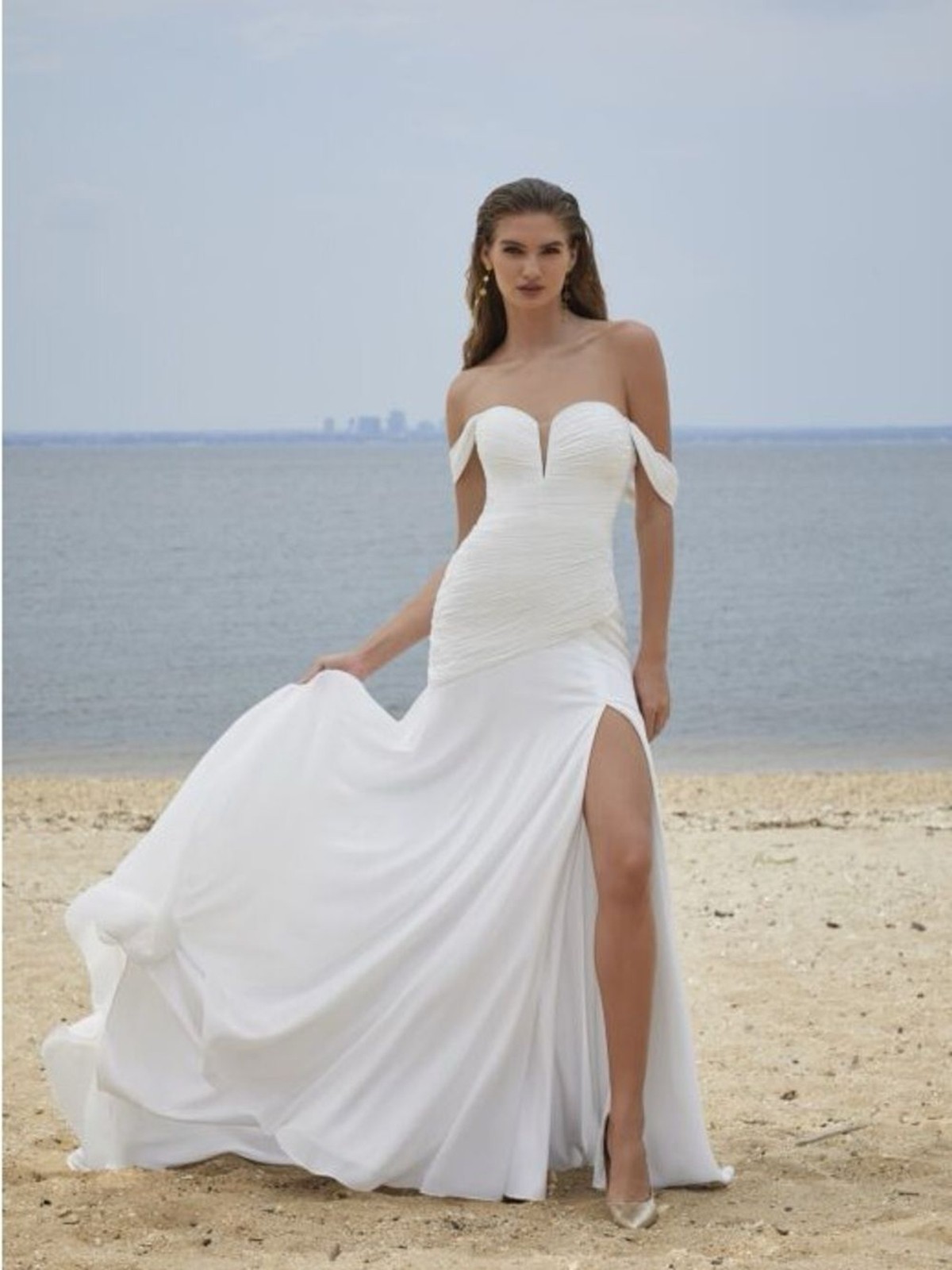 Mori Lee White Off-Shoulder Strapless Wedding Gown with Thigh Slit