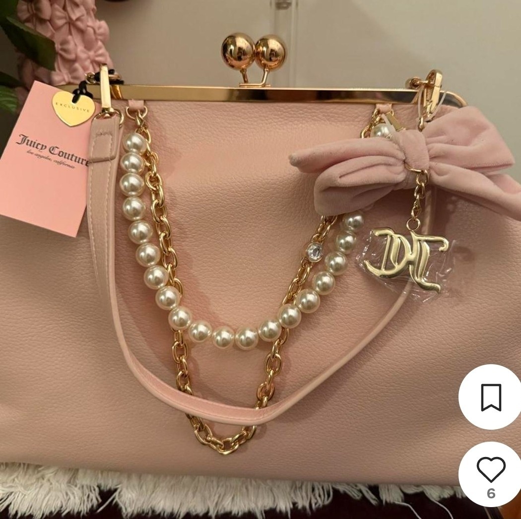 Juicy Couture Pink Kiss Lock Clutch Pearl Chain Bow Logo Charm Gold Hardware