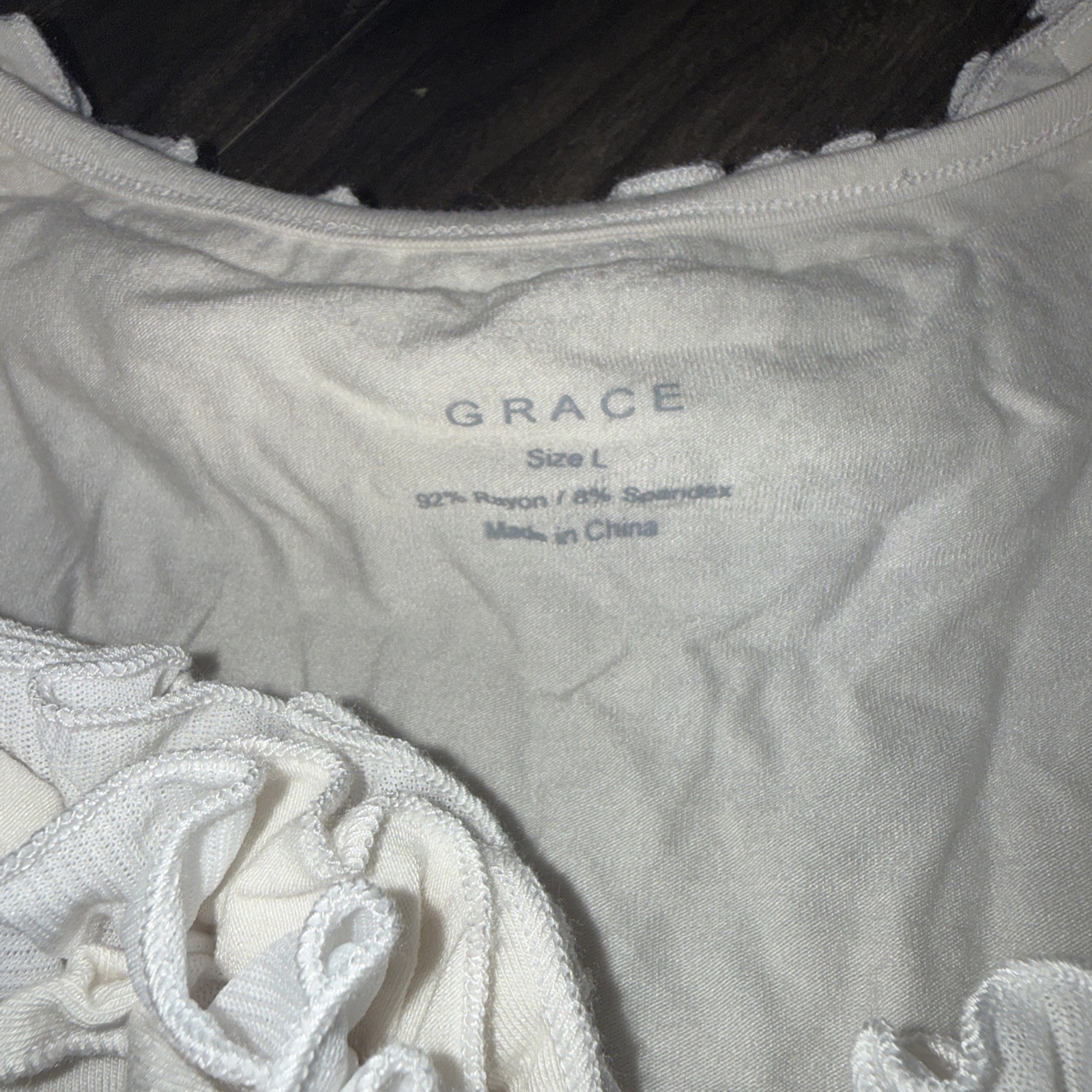 NWT Grace Bleach White Sz Large Ruffled Neckline Long Sleeve