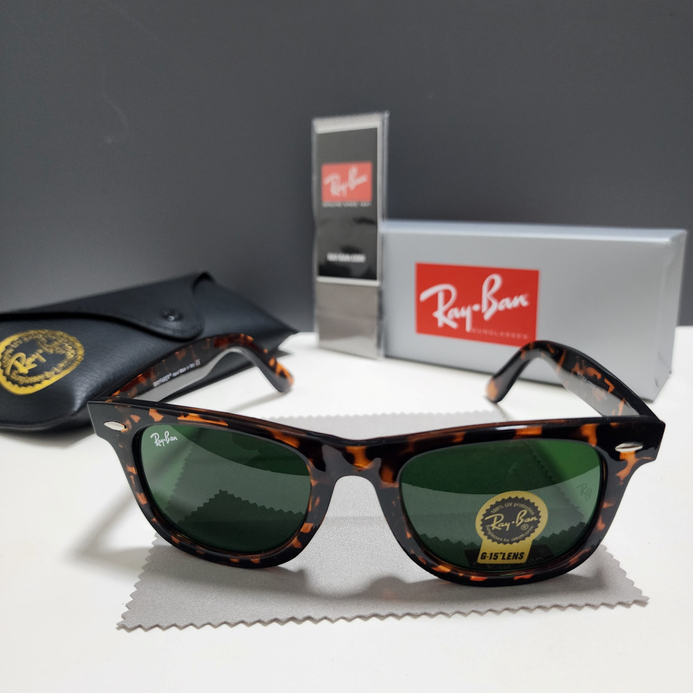 Ray-Ban RB2140-F Wayfarer Sunglasses Tortoise Frame Glass Green Lens 50-22 mm
