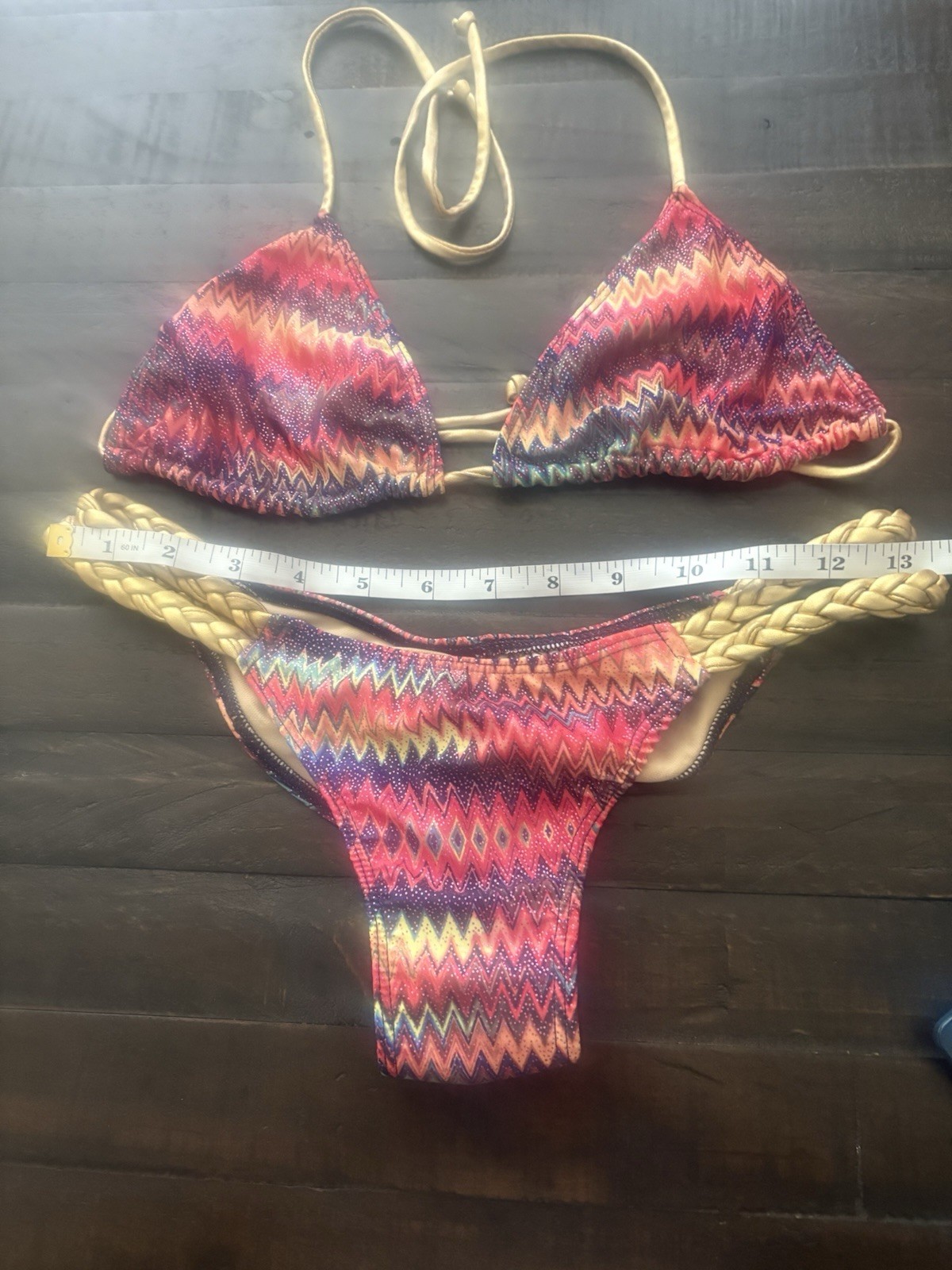 Ravish Sands Swimwear Bikini Set Medium Tribal Aztec Print Gold Braided Sides