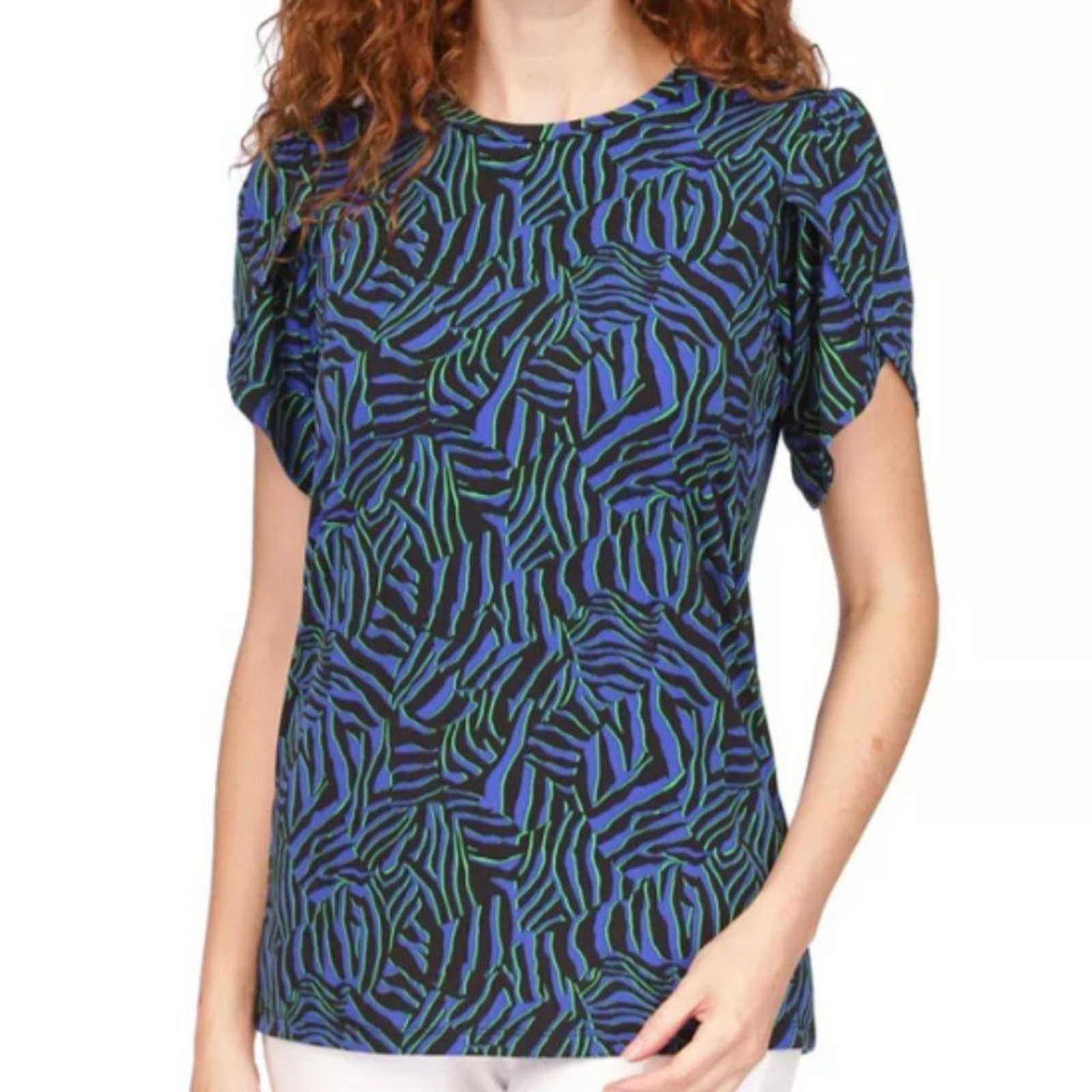 NWT MICHAEL KORS WOMENS PRINTED PETAL-SLEEVE TUNIC/TOP ROYAL MR35M6Z7U4 XS