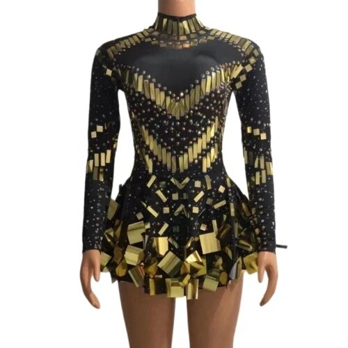 Birthda Mirror Party Dress Black Stretch Stage Dance Dress Nightclub Celebrate
