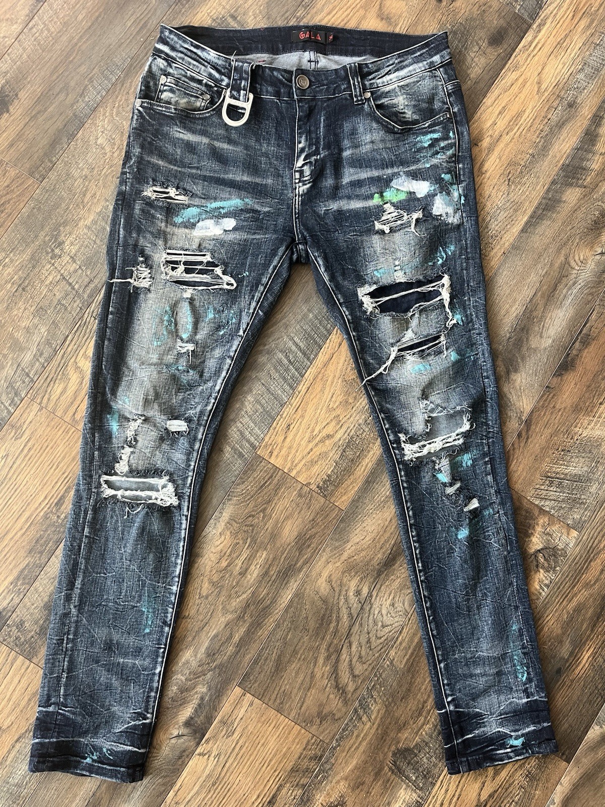 Men’s GALA Paint Splatter Stain Destroyed Distressed Stretch Jeans 34×32