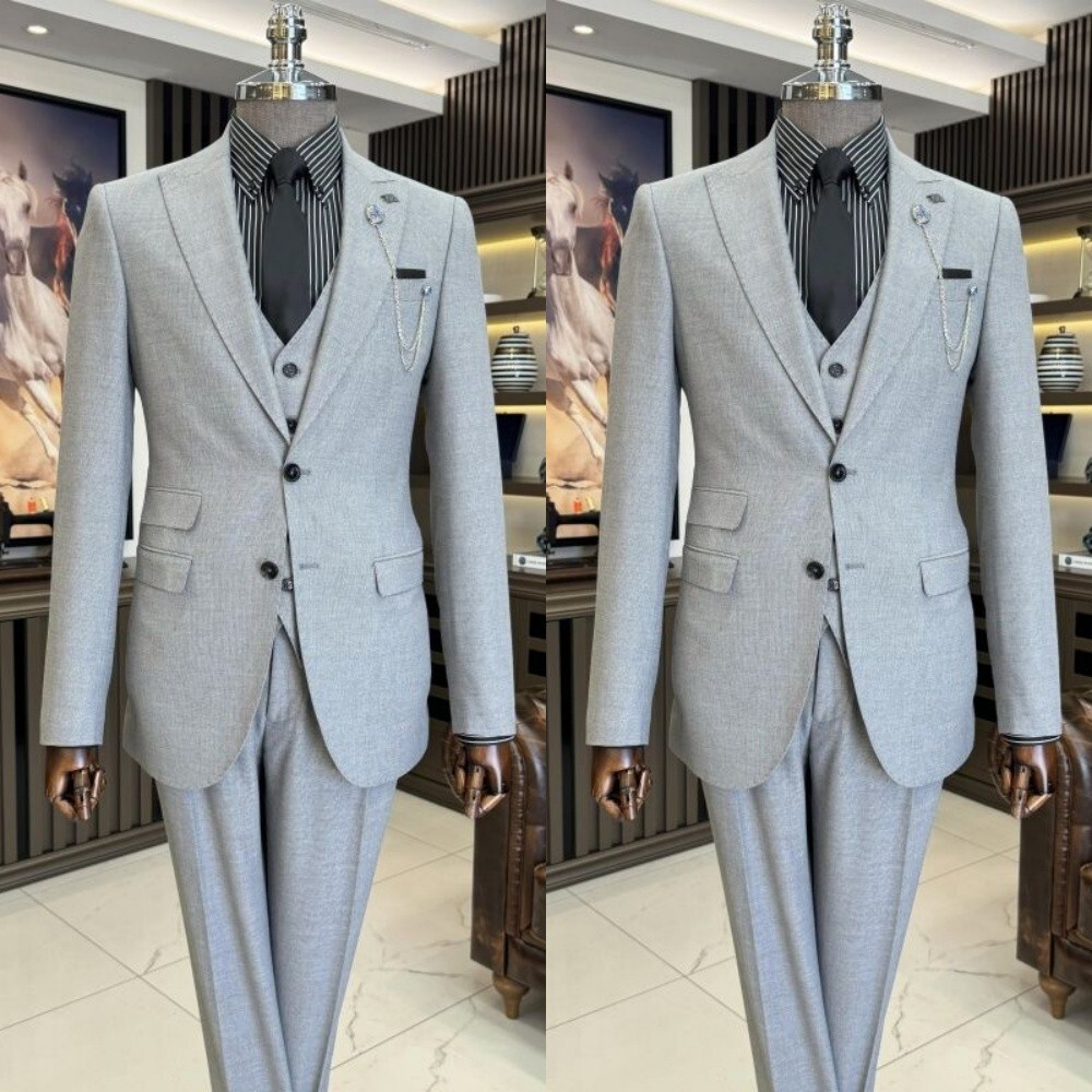 3Pcs Grey Men Suits Peak Lapel Formal Business Tuxedos Wedding Groom Prom Blazer