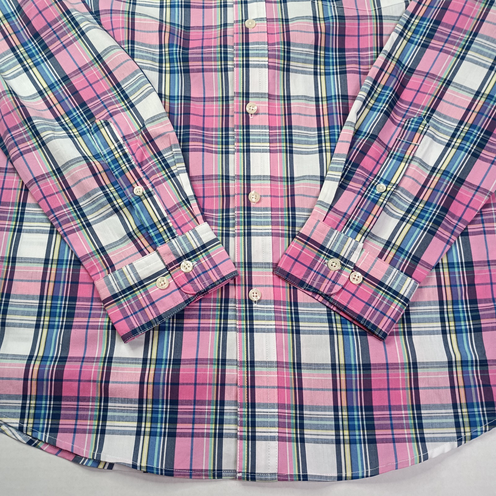 Chaps Easy Care Woven Shirt Men’s Size XL Peony Pink Plaid Stretch Classic Fit