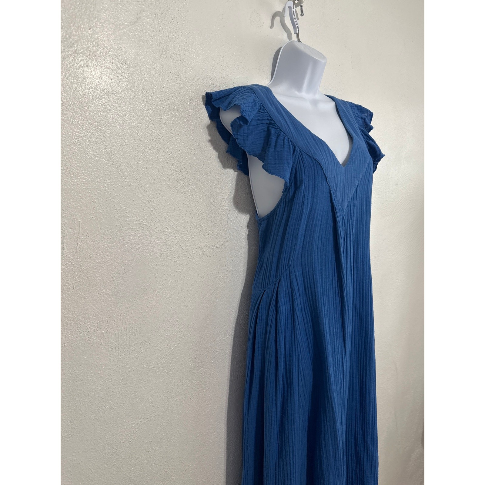 Mille Double Gauze Resort Wear Midi Ruffle Sleeve Dress M Royal Blue Vacation