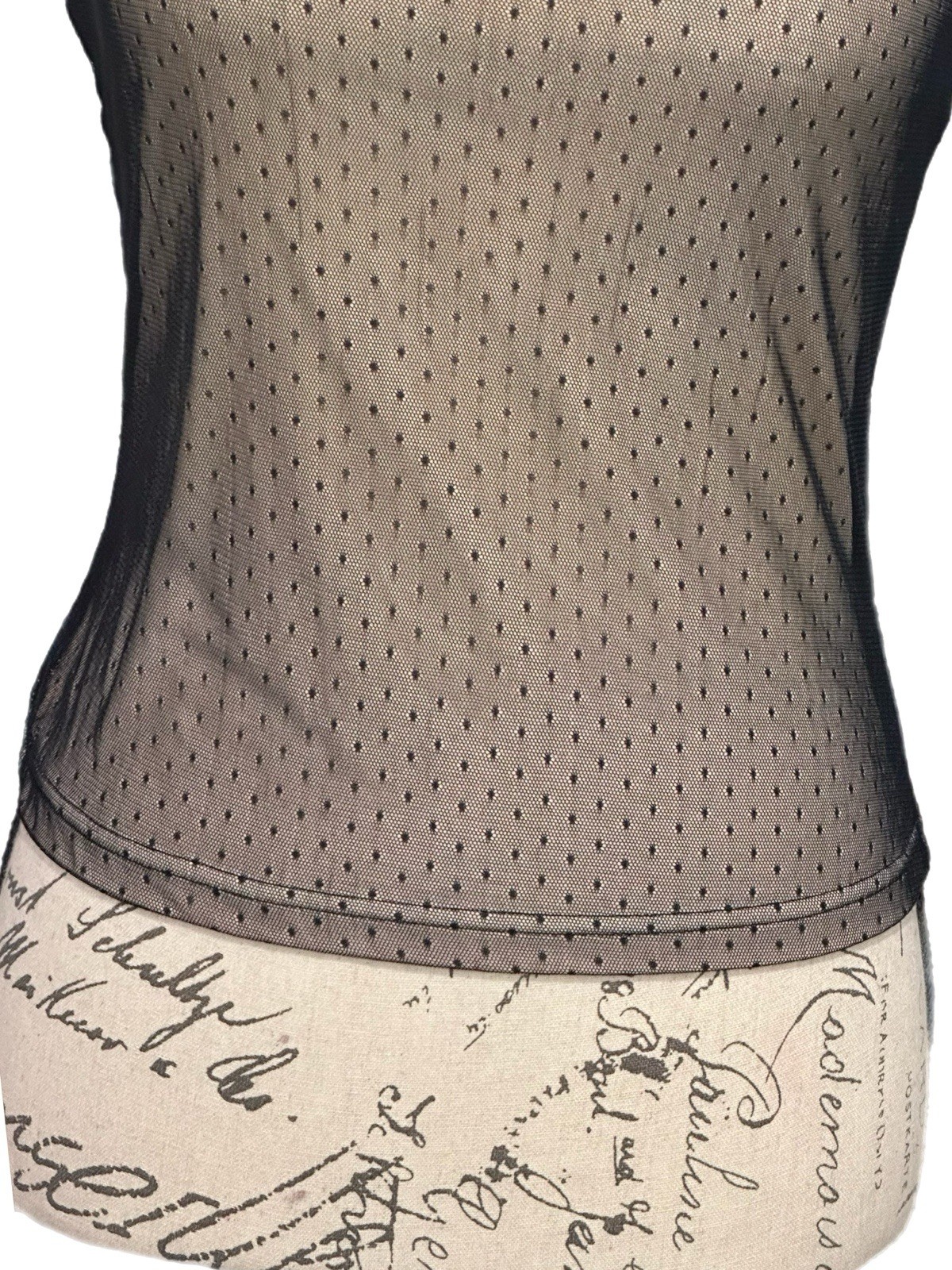 Vtg Moda Black Polka Dot Overlay Crop Tank w/ Lace Neckline Sz S EUC Y2K Goth