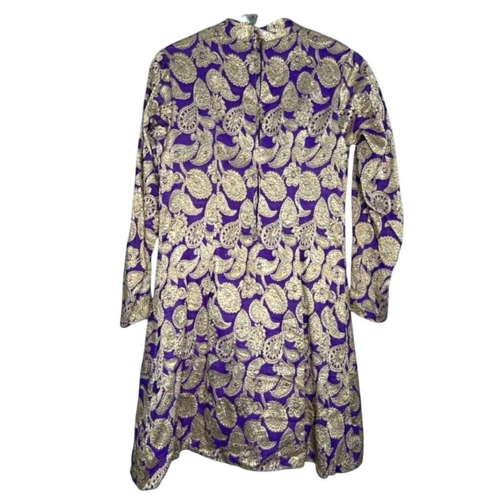Vintage 70s Size Small Purple Gold Brocade MIni Dress Metallic Paisley MockNeck