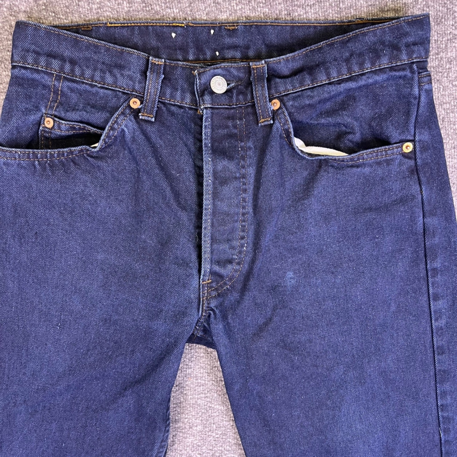 VTG 80s Levis 502 055B Jeans 32×32 Raw Indigo Denim Button Fly Red Tab Leather