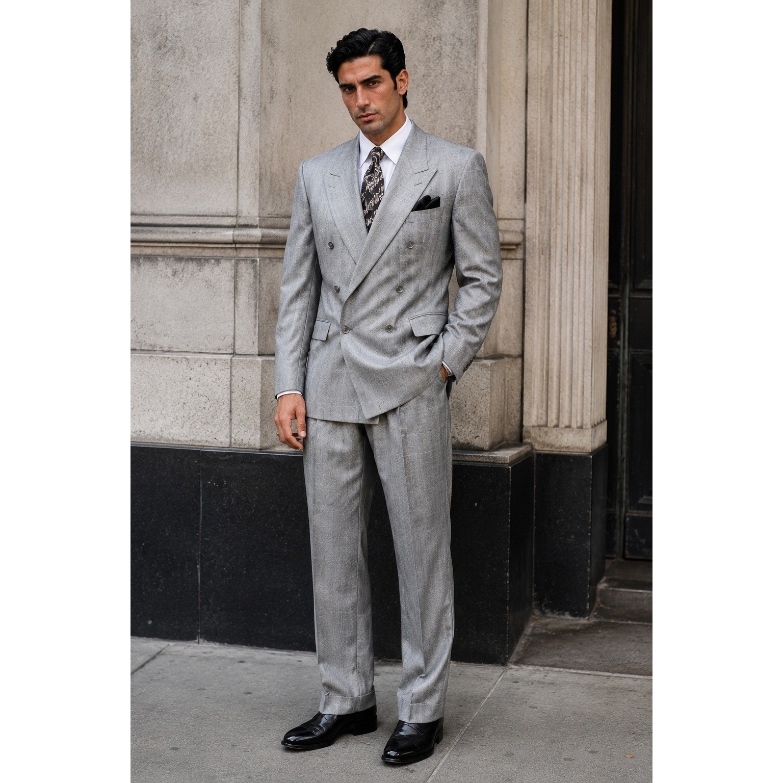 Gino Cappeli Suit Men’s 44R Gray 2 Pc 35×27 Metallic 90s Mafia Mob Boss Plaid